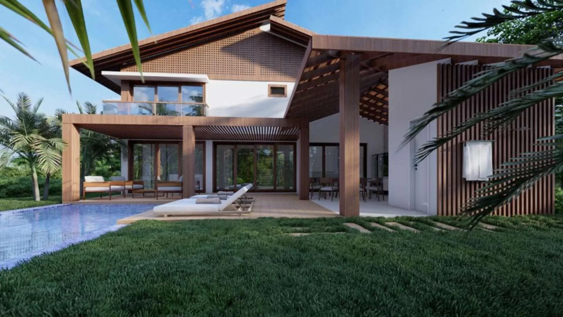 Casa moderna com piscina e jardim verde exuberante.