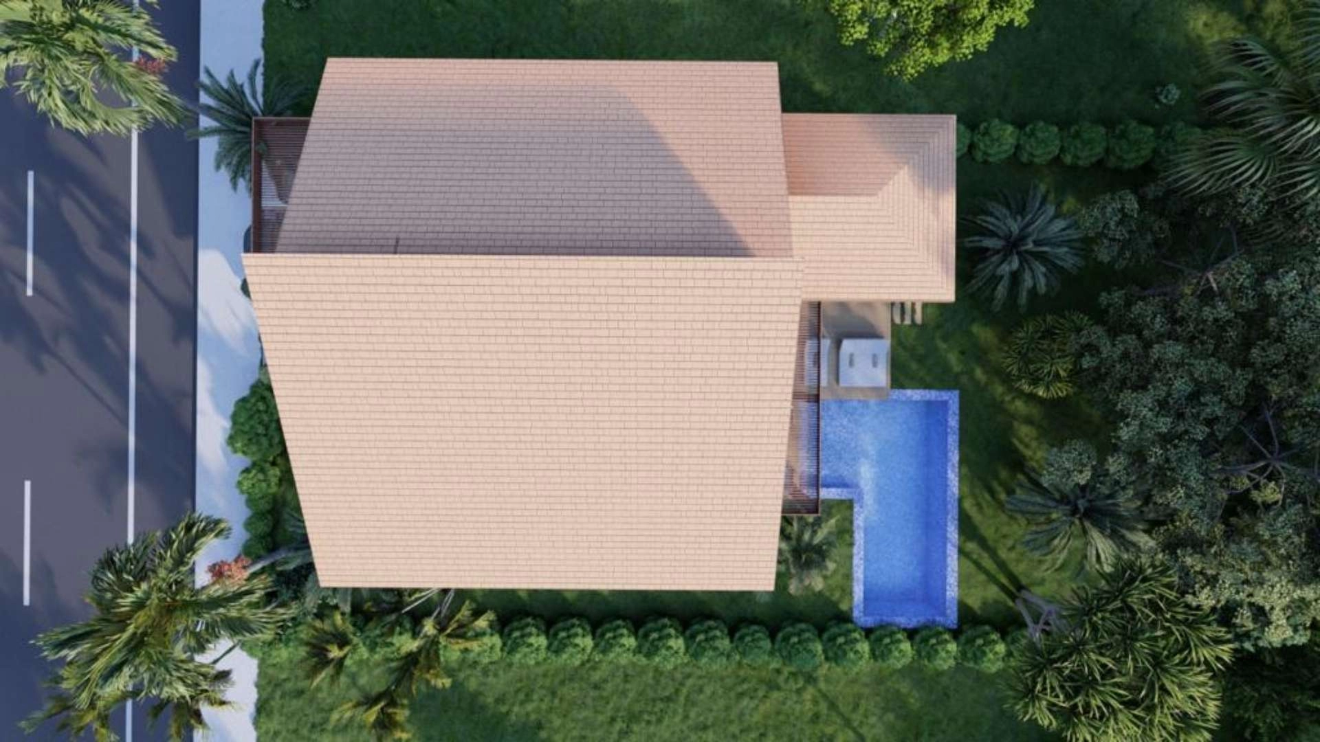 Vista aérea de casa com piscina e jardim