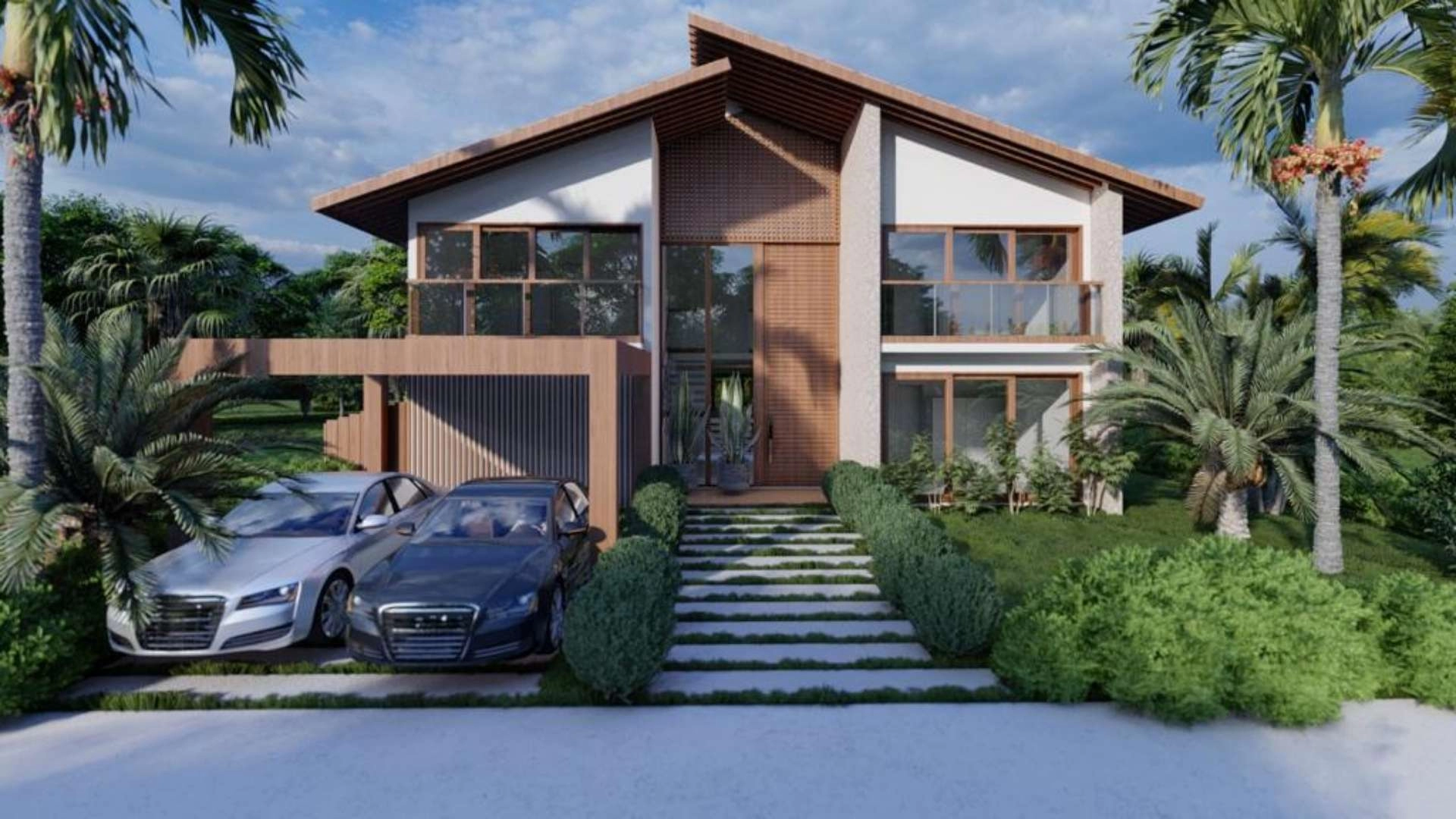Casa moderna com jardim e carros na entrada.