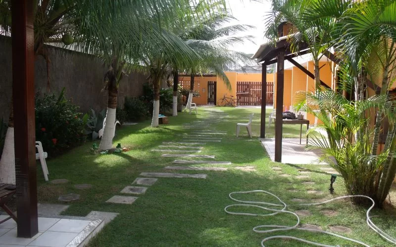 Jardim tropical com palmeiras e casa amarela ao fundo.