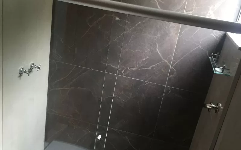 Casa de banho moderna com chuveiro de vidro.