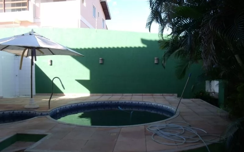 Piscina pequena em quintal ensolarado com parede verde.
