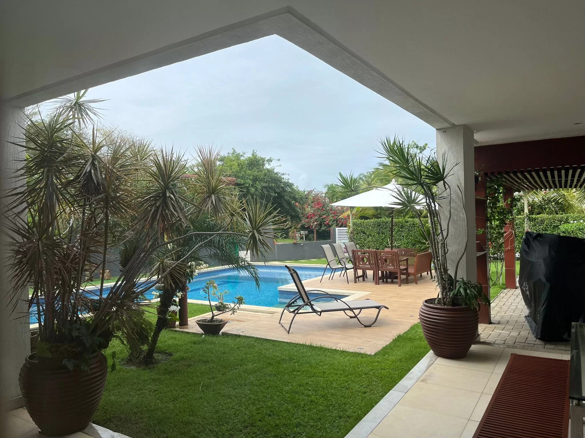 Jardim com piscina e espreguiçadeiras ao lado.
