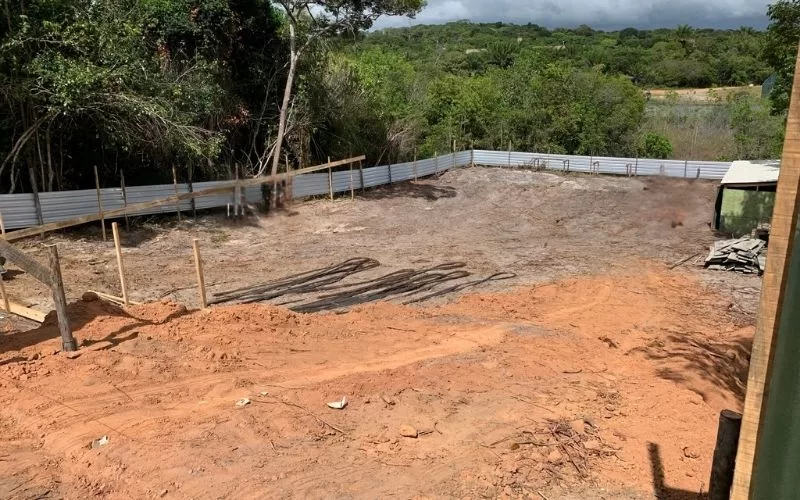Terreno limpo cercado por chapas metálicas e vegetação.