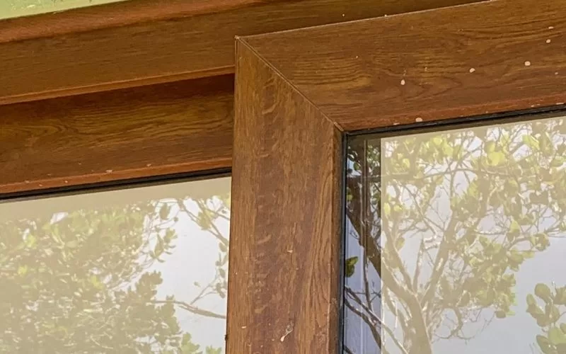 Janela de madeira com árvore refletida