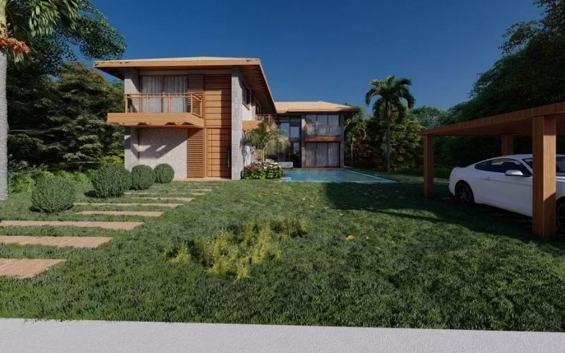 Casa moderna com jardim e piscina ao ar livre.