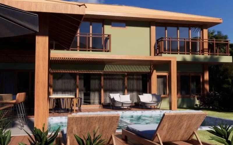 Casa moderna com piscina e varanda ensolarada.