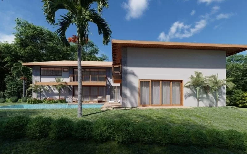 Casa moderna com piscina e jardim tropical.