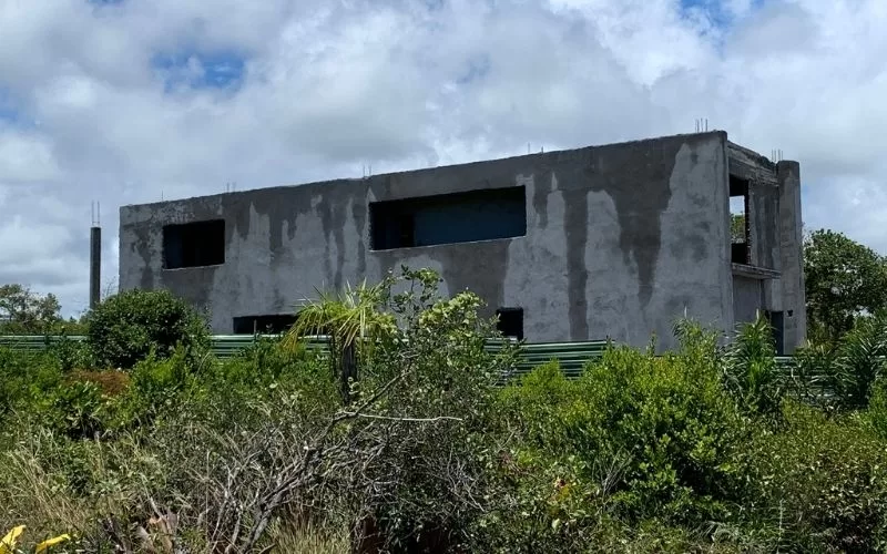 Casa moderna inacabada rodeada por vegetação.