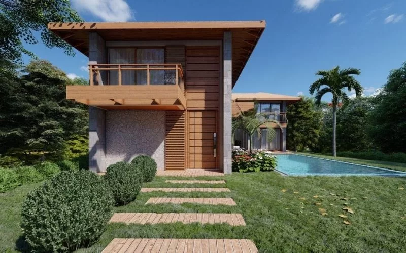 Casa moderna com piscina e jardim verde