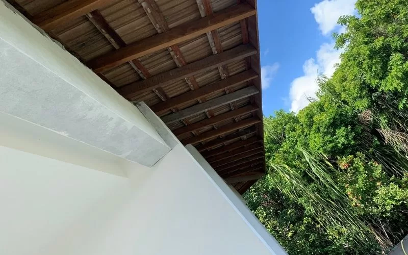 Telhado de madeira e vegetação verde ao lado.