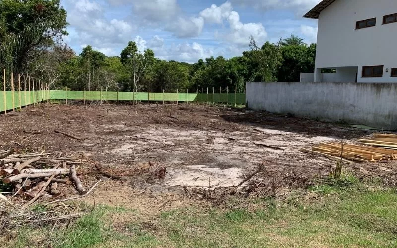 Terreno vazio ao lado de casa e árvores ao fundo.