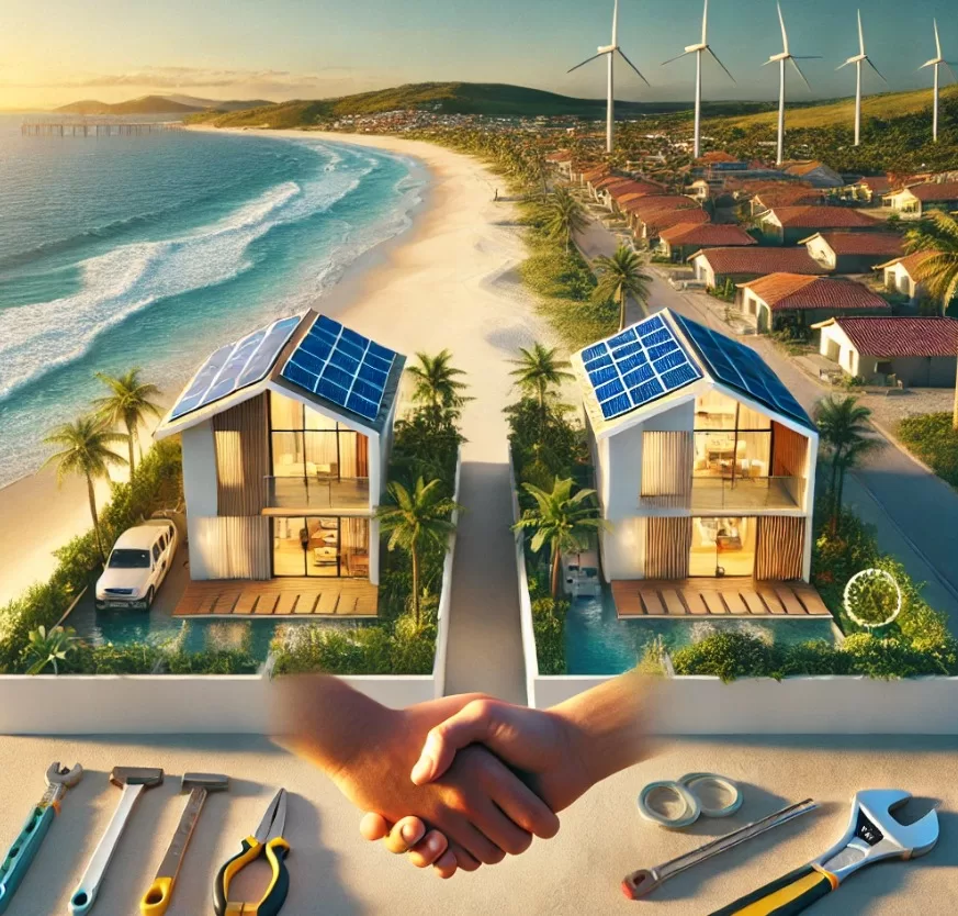 Casas à beira-mar com painéis solares eólicas.
