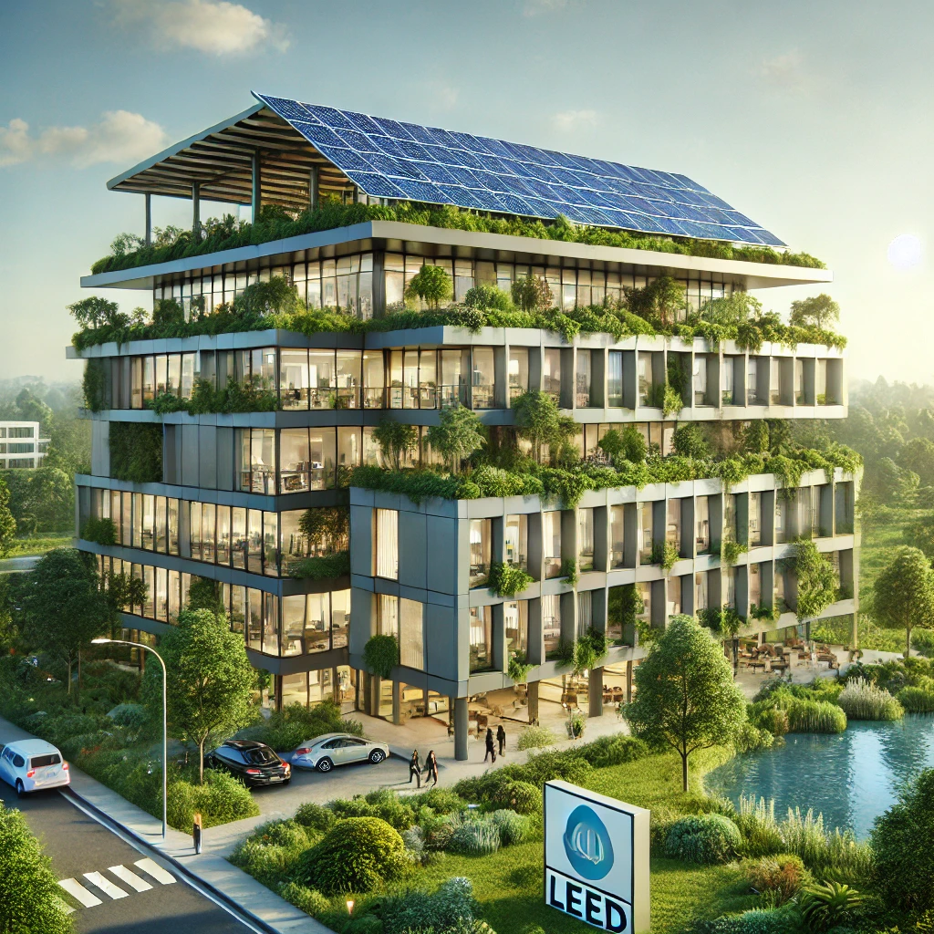 Edifício moderno sustentável com certificação LEED, rodeado por vegetação, destacando painéis solares e soluções ecológicas.