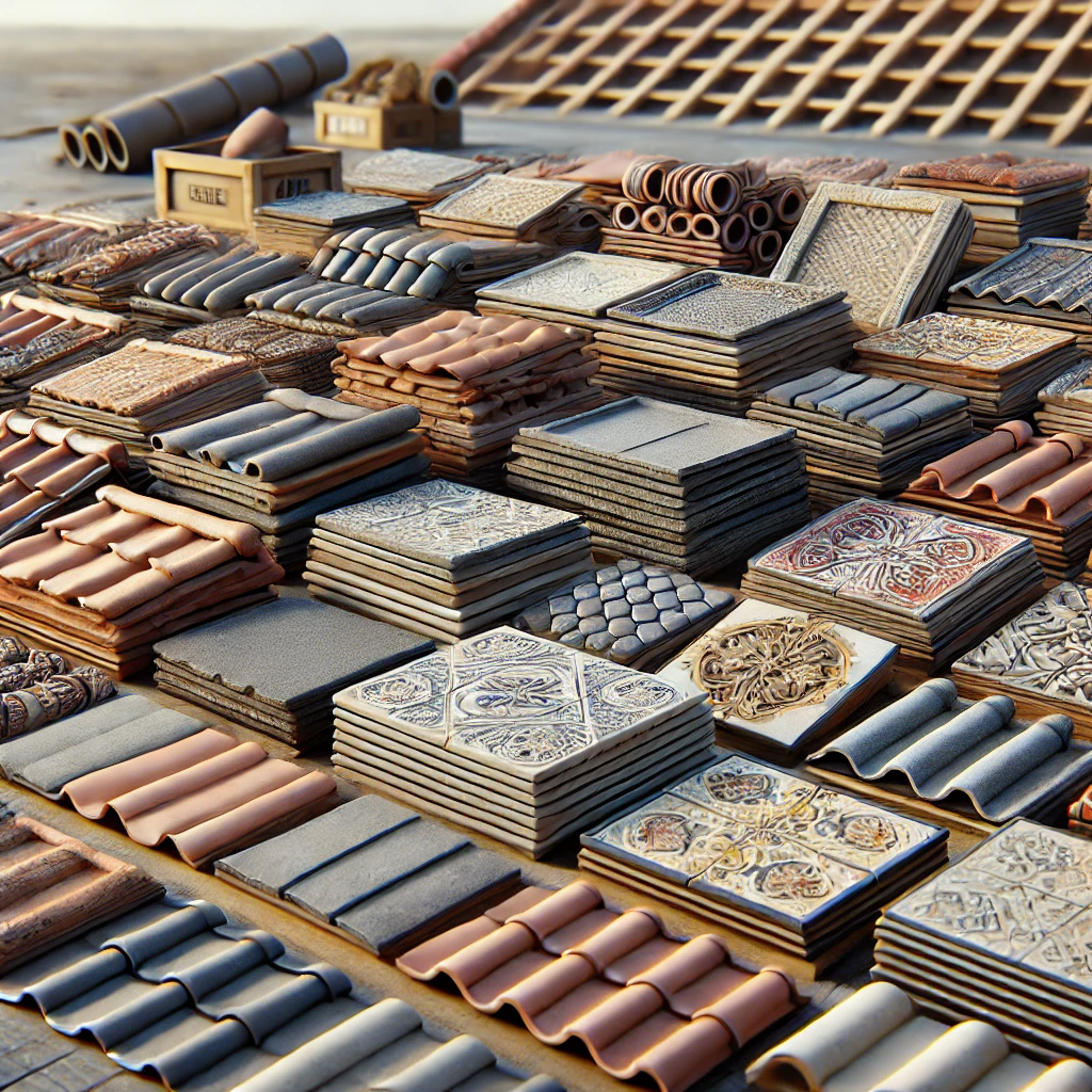 Telhas cerâmicas de diferentes modelos e cores, dispostas em um ambiente de construção, destacando suas características e aplicações.