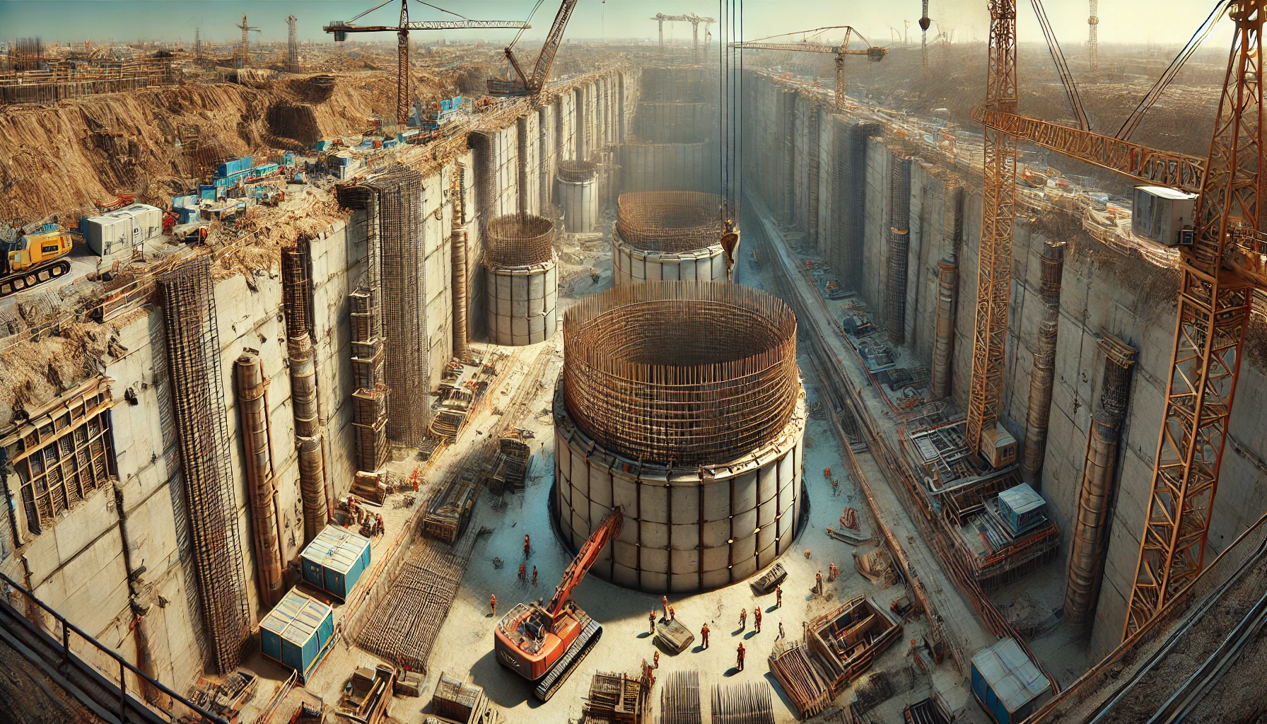 Fundações Tubulão – Uma fotografia ultrarrealista e de alta resolução de um estaleiro de construção com o processo de fundação tubulão ou tubulão a céu aberto Processo de construção de tubulões a céu aberto, destacando a escavação e sua aplicação na construção civil.