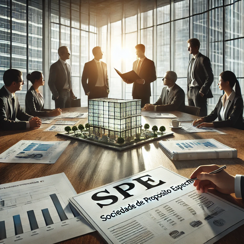 Representação de uma Sociedade de Propósito Específico (SPE) com documentos, gráficos financeiros e uma equipe discutindo um projeto empresarial.