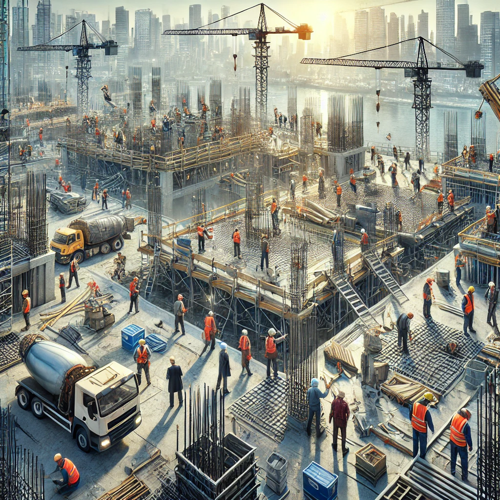 Obras de construção civil com trabalhadores e gruas.