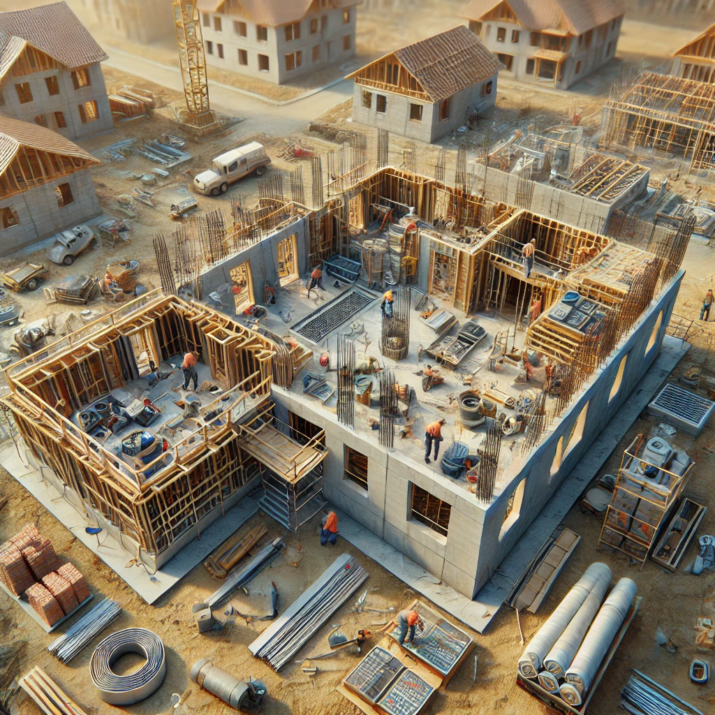 Construção de edifício em andamento com trabalhadores ativos.