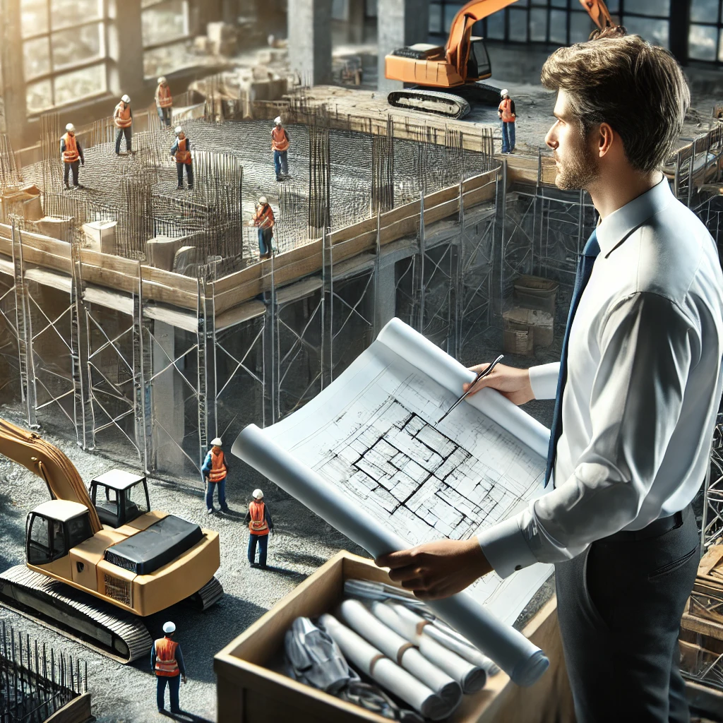 Engenheiro analisa projeto em obra de construção civil.