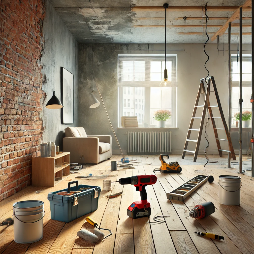 definicao-e-significado-de-reforma Sala em remodelação com ferramentas e materiais.
