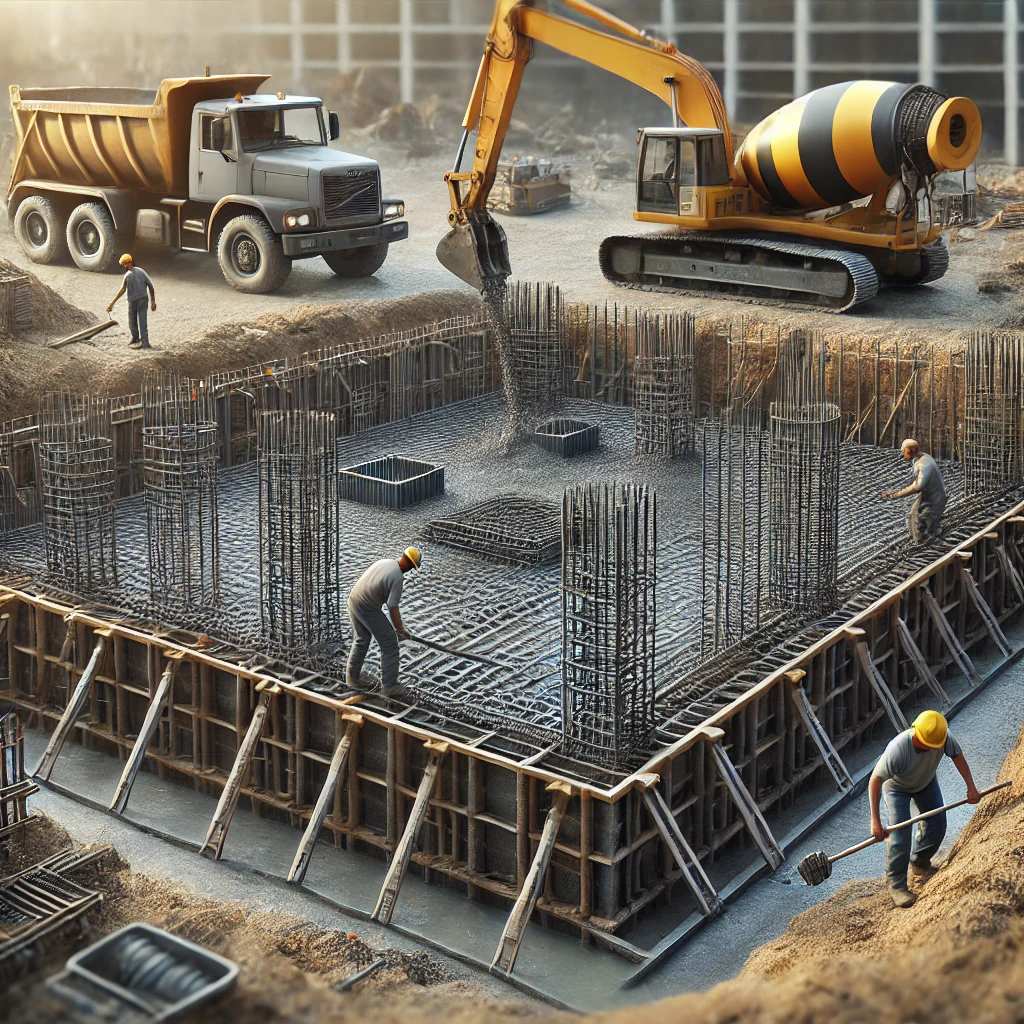 Canteiro de obras mostrando a execução de uma fundação rasa tipo sapata isolada, com trabalhadores moldando concreto armado e armadura metálica visível.