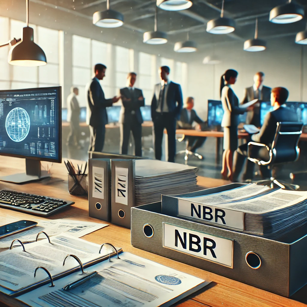 Ambiente de escritório com documentos e pastas identificadas como 'NBR' e 'NR' sobre uma mesa, simbolizando normas técnicas e regulamentadoras.