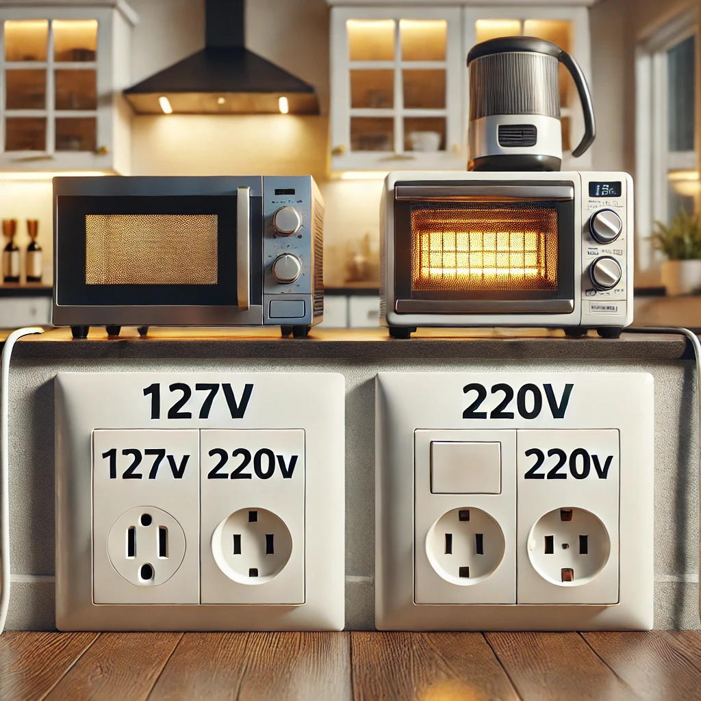 Imagem de uma residência mostrando aparelhos conectados em tomadas 127V e 220V, com etiquetas de identificação das tensões elétricas.
