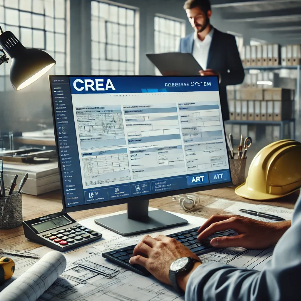 Engenheiro revisando documentos técnicos em um escritório, com uma tela de computador exibindo o sistema do CREA para emissão de ART.
