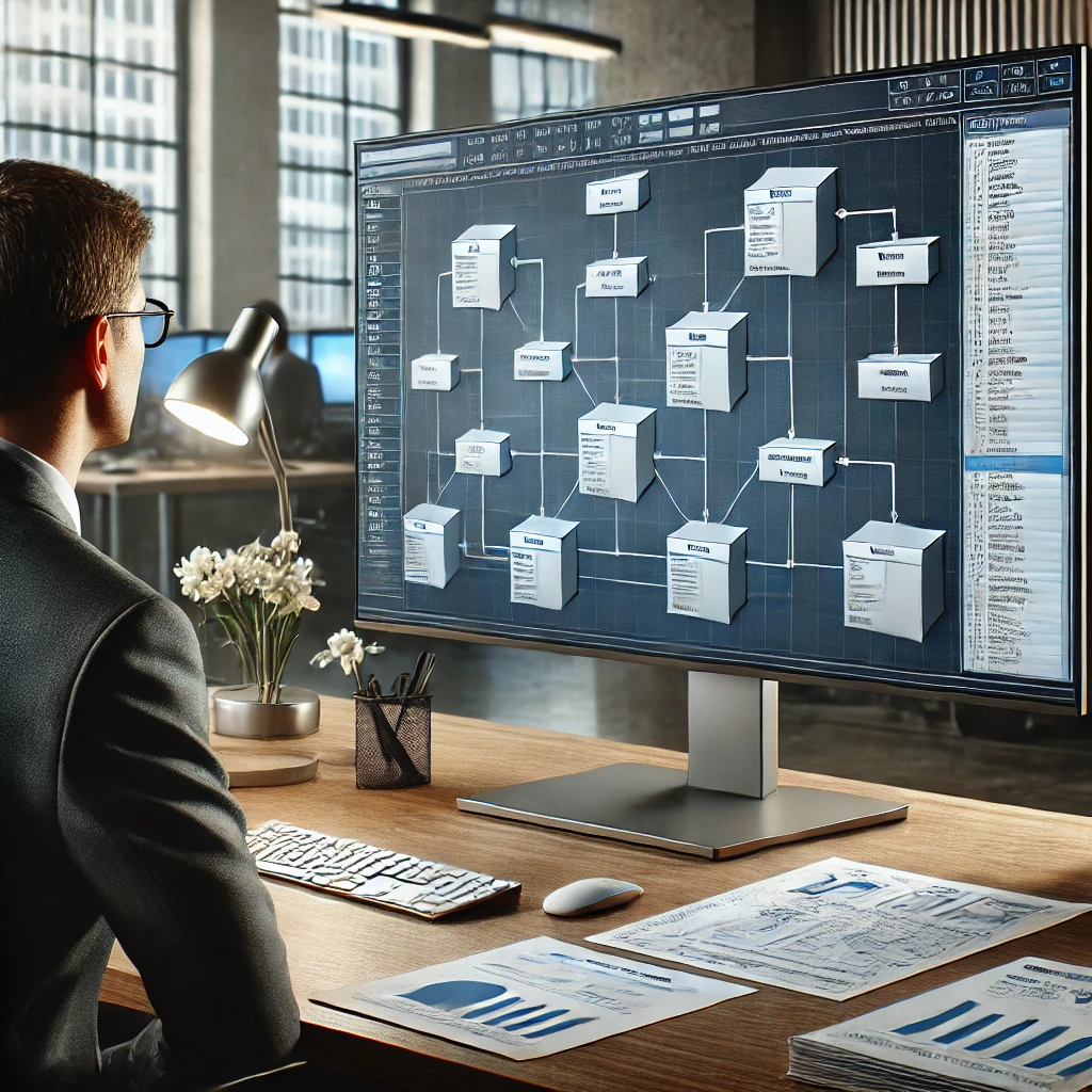 Gerente de projeto analisando uma EAP detalhada em um monitor, com cronograma de projeto na mesa e ambiente corporativo ao fundo.