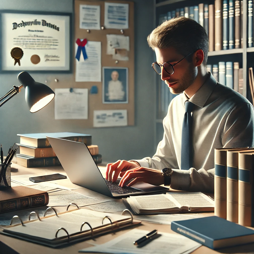 Acadêmico escrevendo um memorial acadêmico em um laptop, com documentos e livros espalhados sobre a mesa em um ambiente de estudo.