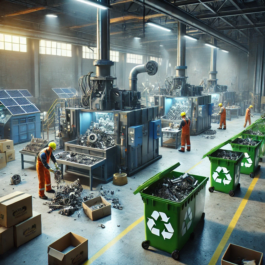 Trabalhadores desmontando equipamentos em um espaço industrial, com recipientes para reciclagem e elementos que remetem à sustentabilidade, como árvores e painéis solares.