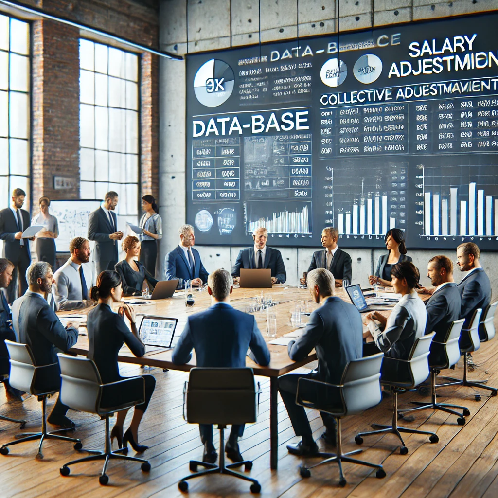 data-base-negociacao-trabalhista-beneficios Representantes de sindicatos e empresas negociando reajustes salariais e condições de trabalho durante a data-base.