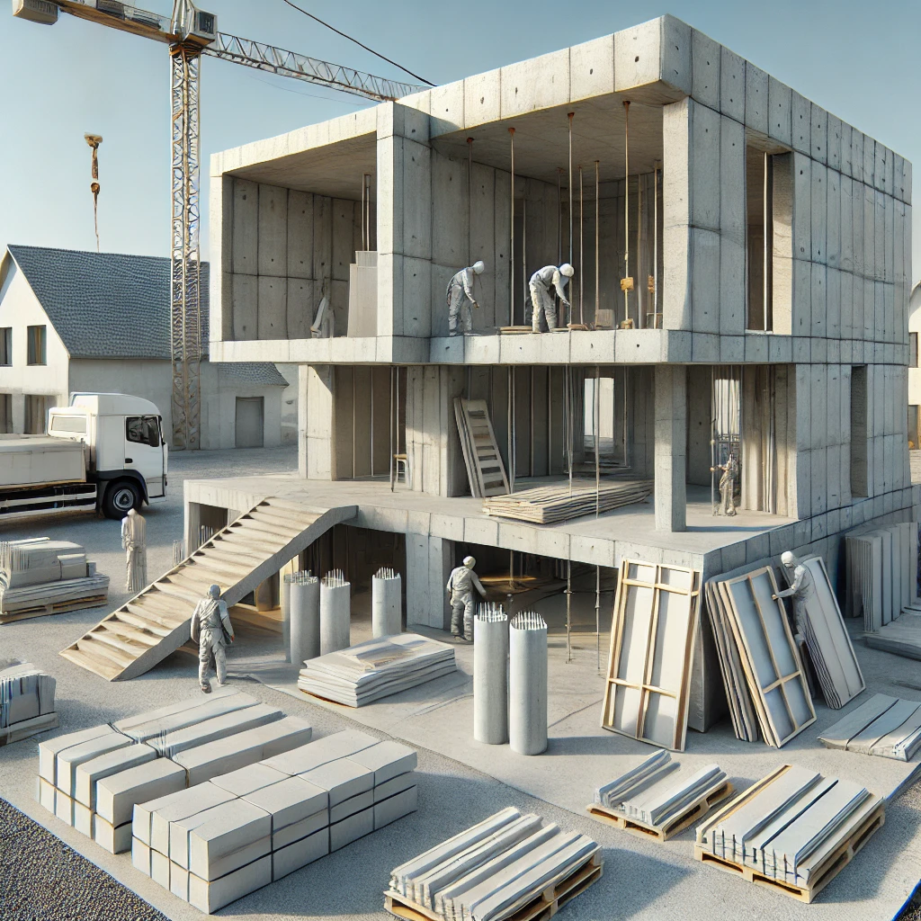 Construção de edifício moderno com trabalhadores.