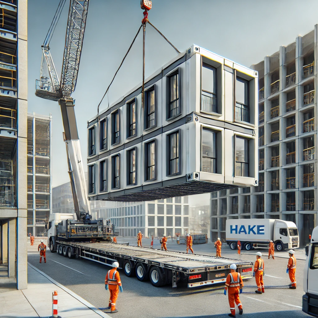 Construção modular com guindaste e trabalhadores.